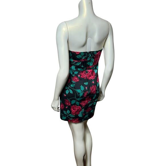 Vintage 90s Strapless Mini Dress Size L/10 - Vibrant Rose Floral Print Black - Picture 4 of 12